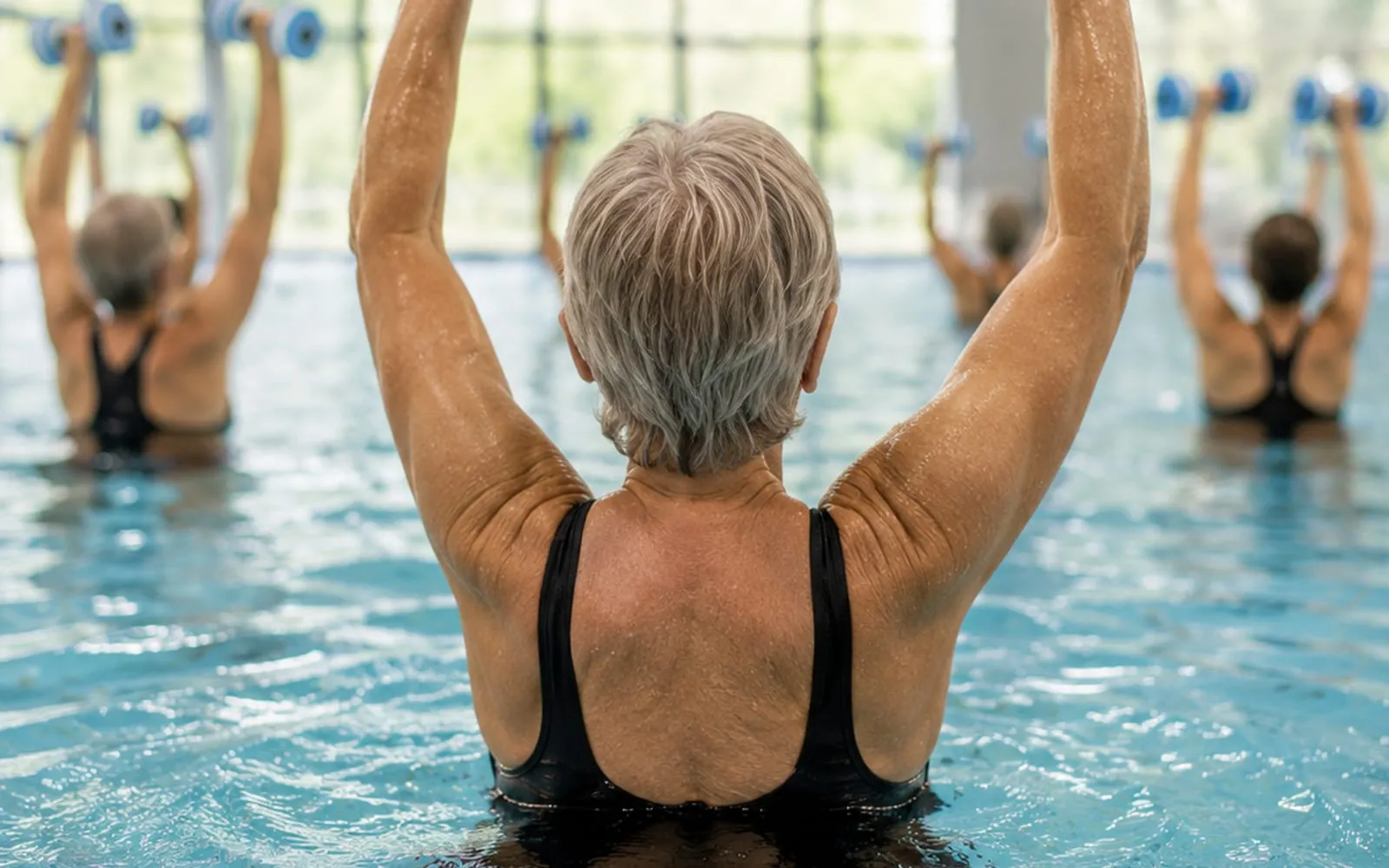 Ältere Frauen im brusttiefen Wasser strecken Schaumstoffhanteln über den Kopf, von hinten gesehen, dahinter eine helle Fensterfront.