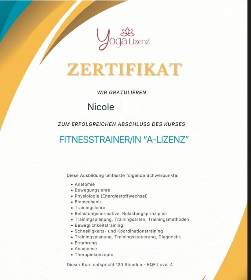 Ausschnitt des Zertifikats Fitnesstrainerin A-Lizenz